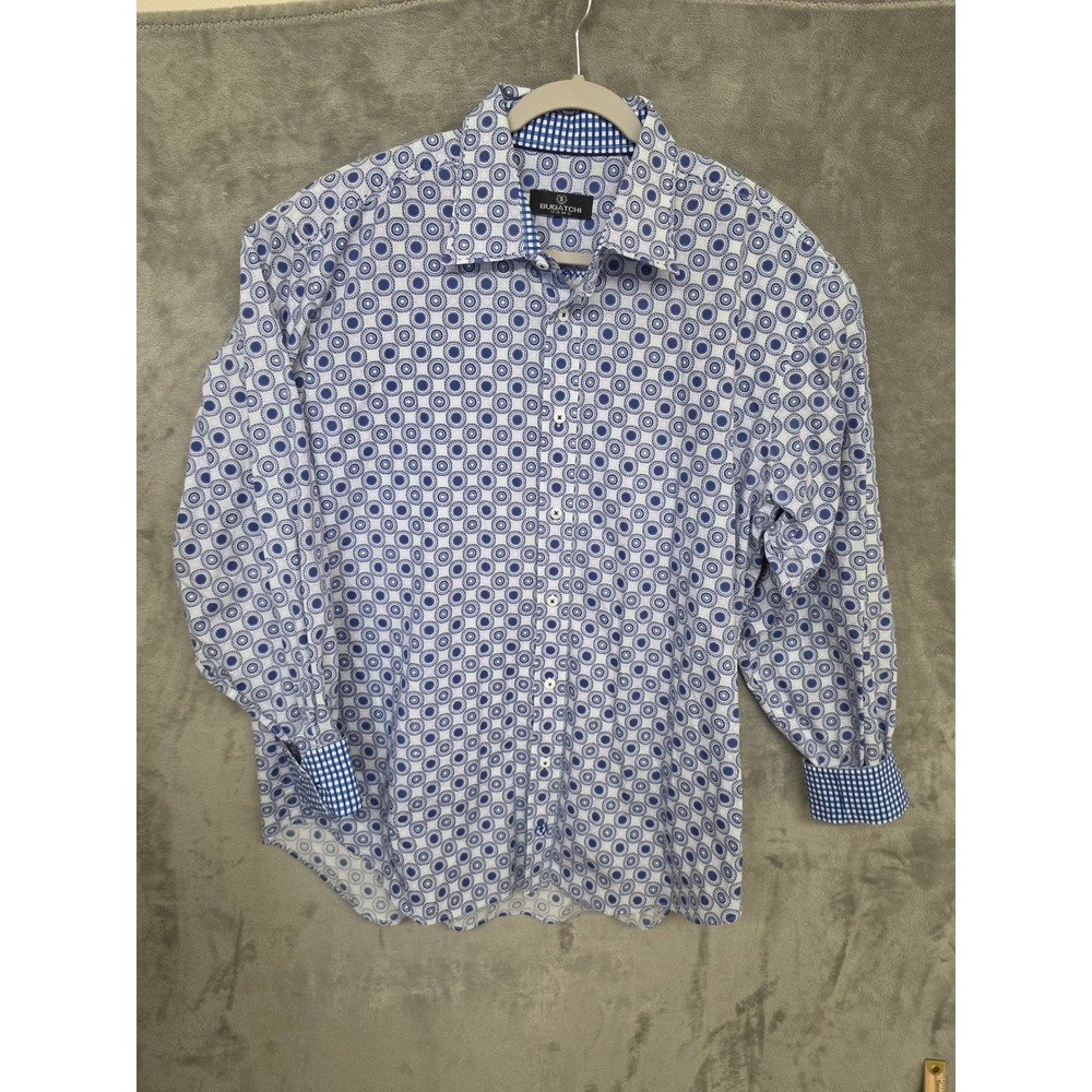 Bugatchi Uomo Mens XL Blue White Geometric Medallion Cotton Button Down Shirt